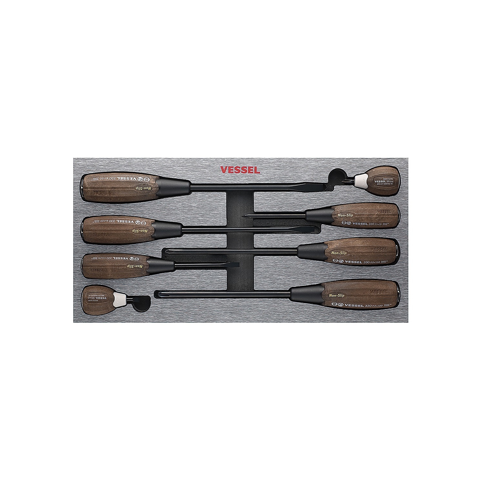 Vessel Wood-Composite Non-Slip Tang-Thru Screwdriver Set - 8-Piece, EVA Foam Inlay, Combination Drive, Model# 3308EVA